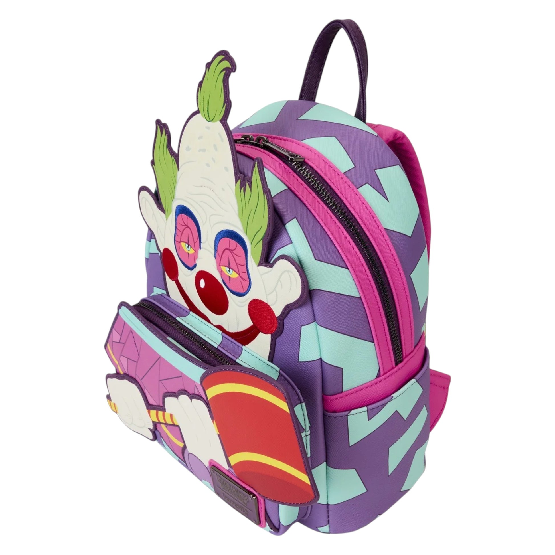 Colorful Loungefly Killer Klowns from Outer Space Jumbo Cosplay Mini Backpack design on a white background