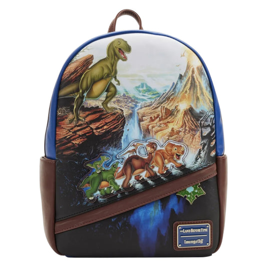 Loungefly Land Before Time Mini Backpack with character designs on a white background