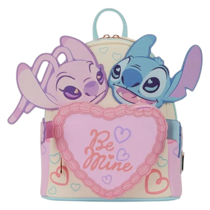 Backpack with Lilo & Stitch Be Mine Vintage Cake characters and 'Be Mine' heart design on a white background