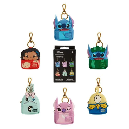 Collection of Loungefly Lilo & Stitch Mini Backpack Mystery Box Bag Charm characters on a white background