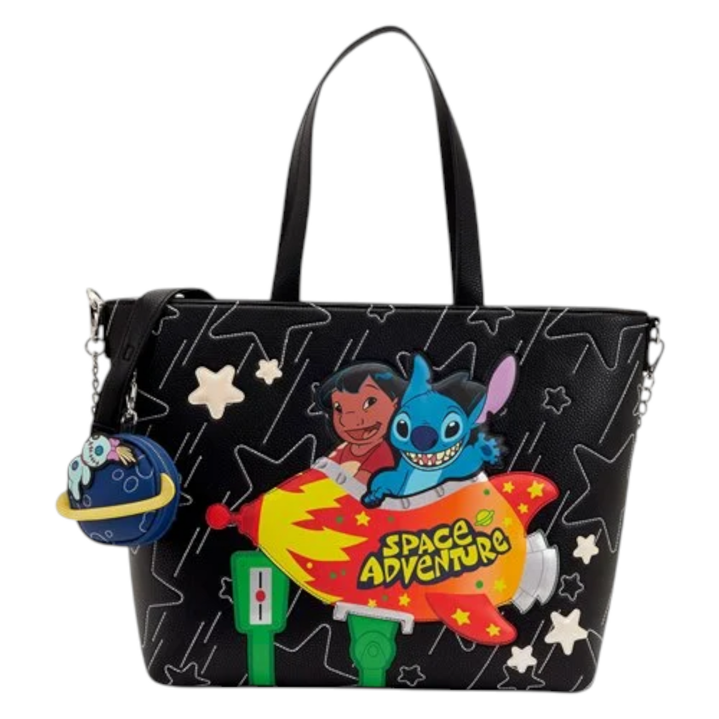 Black Loungefly Lilo & Stitch Space Adventure Glow in the Dark Tote Crossbody Bag with Lilo & Stitch character design and 'Space Adventure' text on a white background