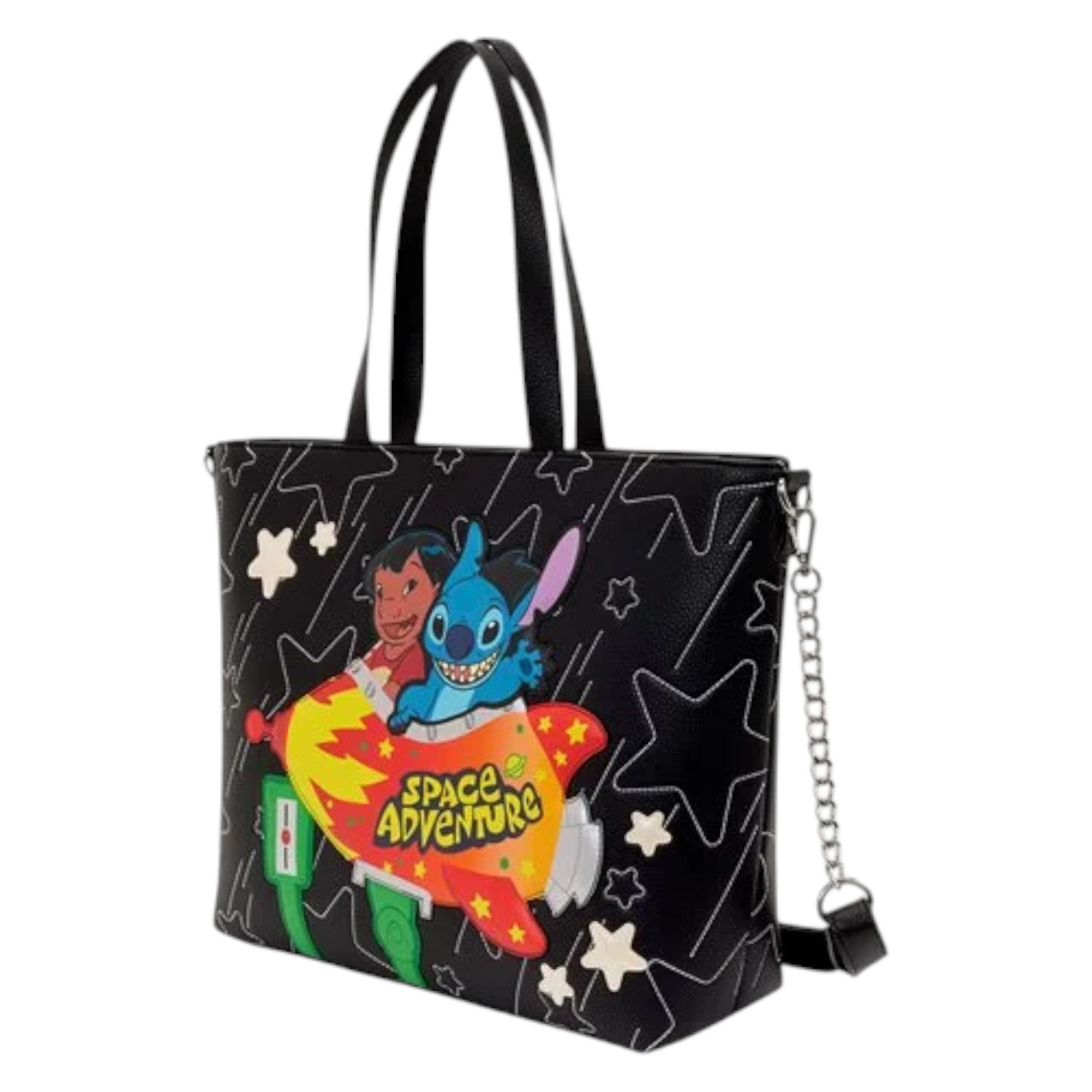 Black Loungefly Lilo & Stitch Space Adventure Glow in the Dark Tote Crossbody Bag with Lilo & Stitch character design and 'Space Adventure' text on a white background