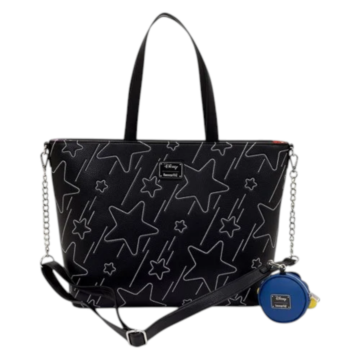 Back of Black Black Loungefly Lilo & Stitch Space Adventure Glow in the Dark Tote Crossbody Bag with star pattern and matching round coin pouch on a white background