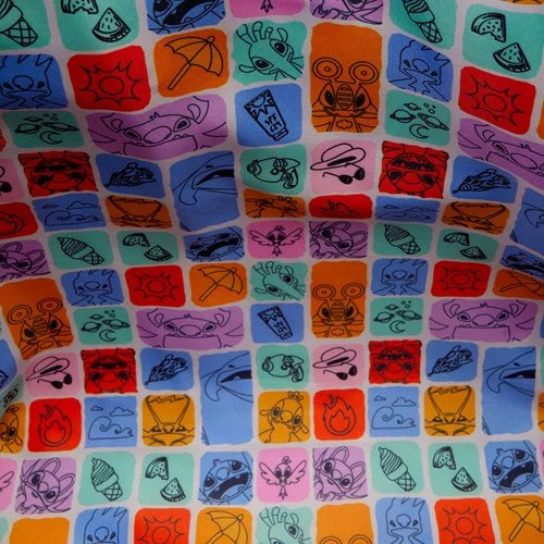 Colorful pattern of inside of Black Loungefly Lilo & Stitch Space Adventure Glow in the Dark Tote Crossbody Bag with various character shapes and symbols on a grid background