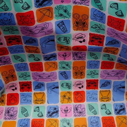 Colorful pattern of inside of Black Loungefly Lilo & Stitch Space Adventure Glow in the Dark Tote Crossbody Bag with various character shapes and symbols on a grid background