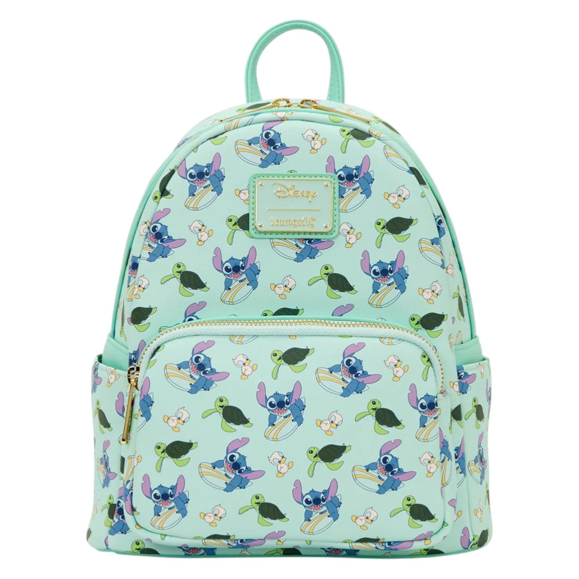 Lilo and Stitch Animal Friends Mini Backpack with Stitch character pattern on a light blue background