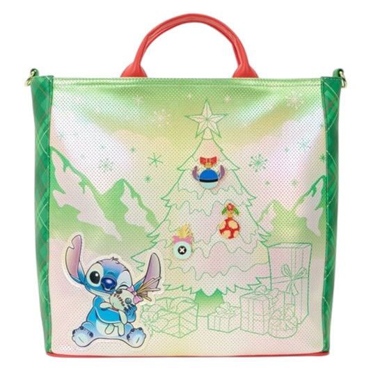 Tote bag with Lilo and Stitch Holiday character design featuring a Christmas tree and presents on a white background