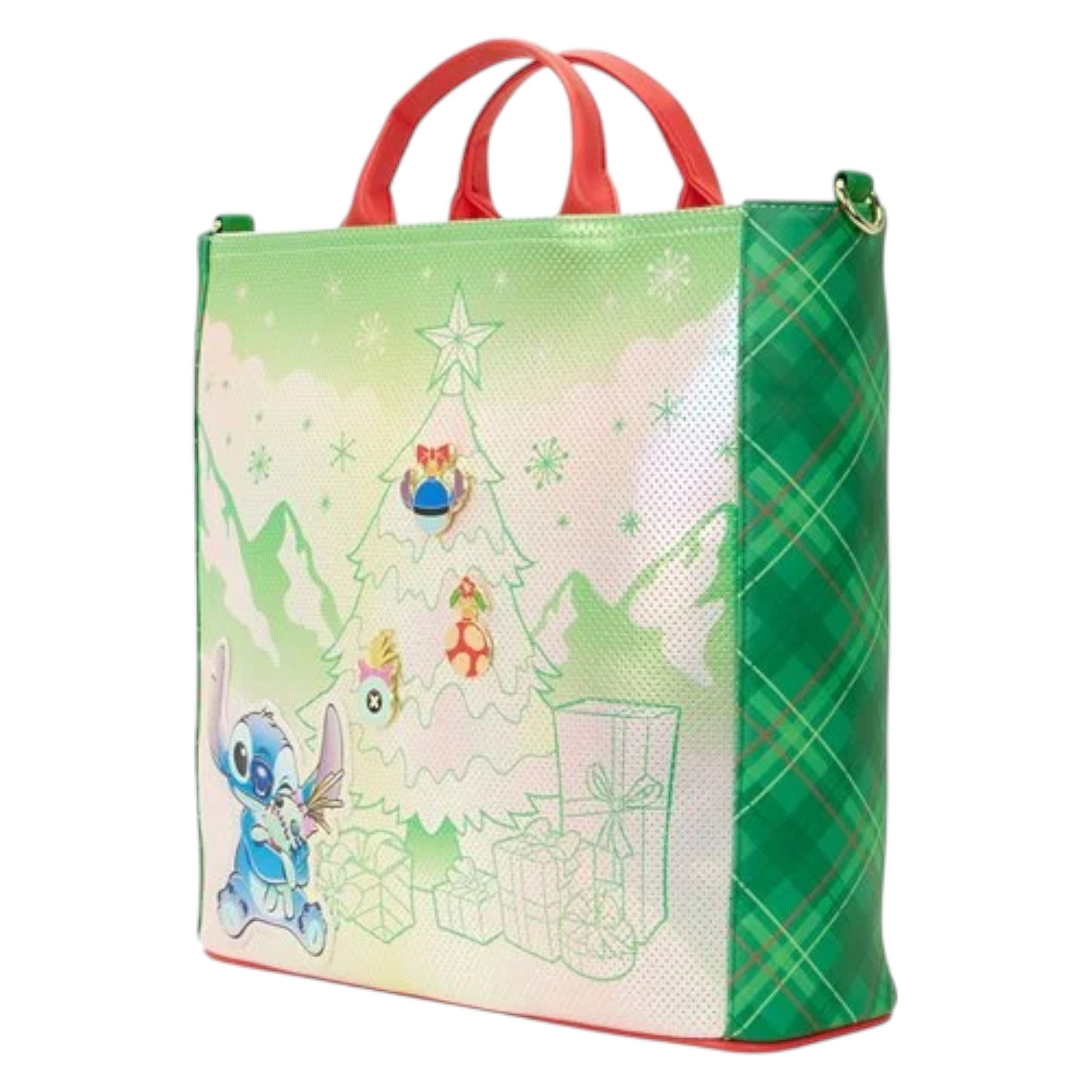 Tote bag with Lilo and Stitch Holiday character design featuring a Christmas tree and presents on a white background