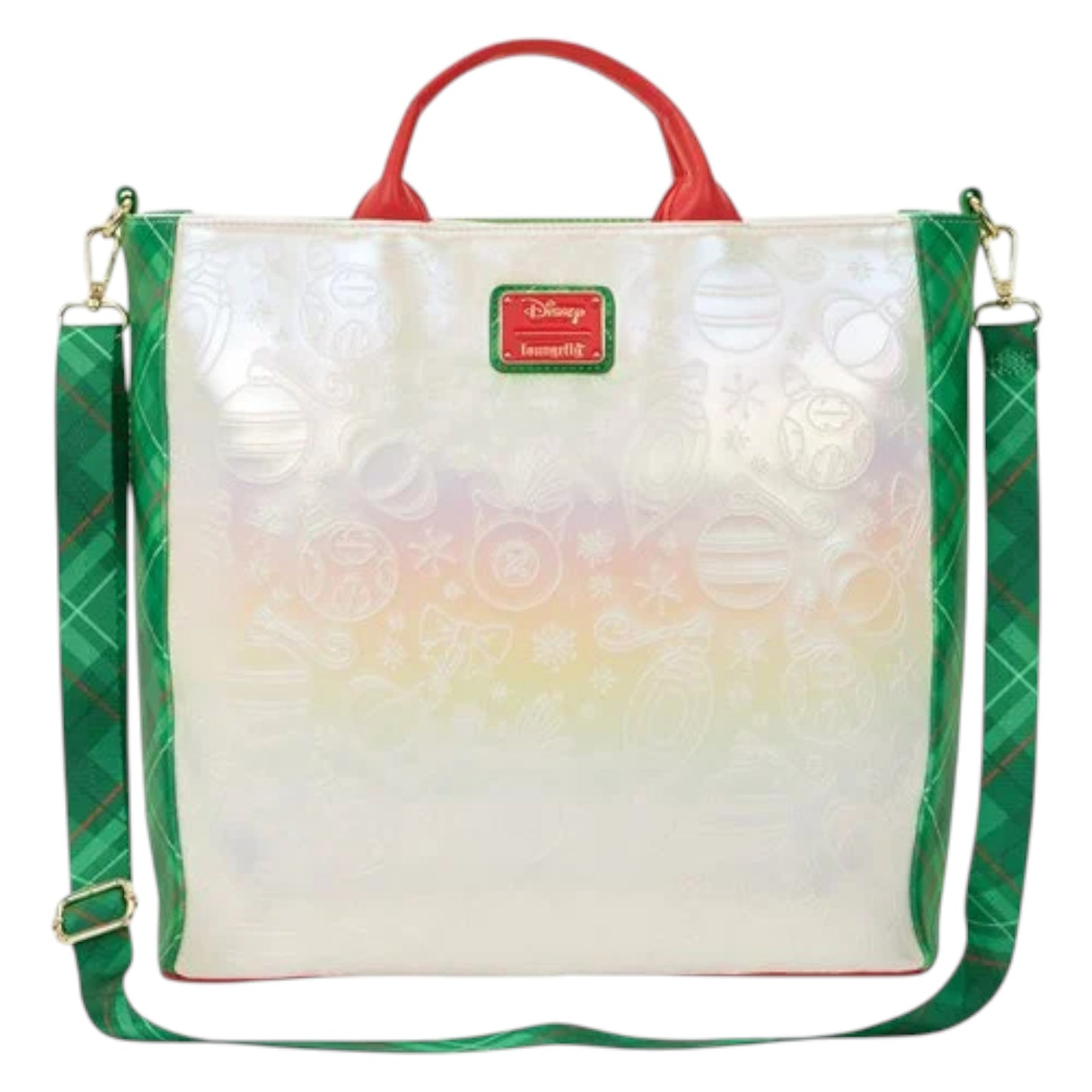 Lilo and Stitch Holiday Tote Handbag with green strap and red handle, featuring a Disney logo on a white background