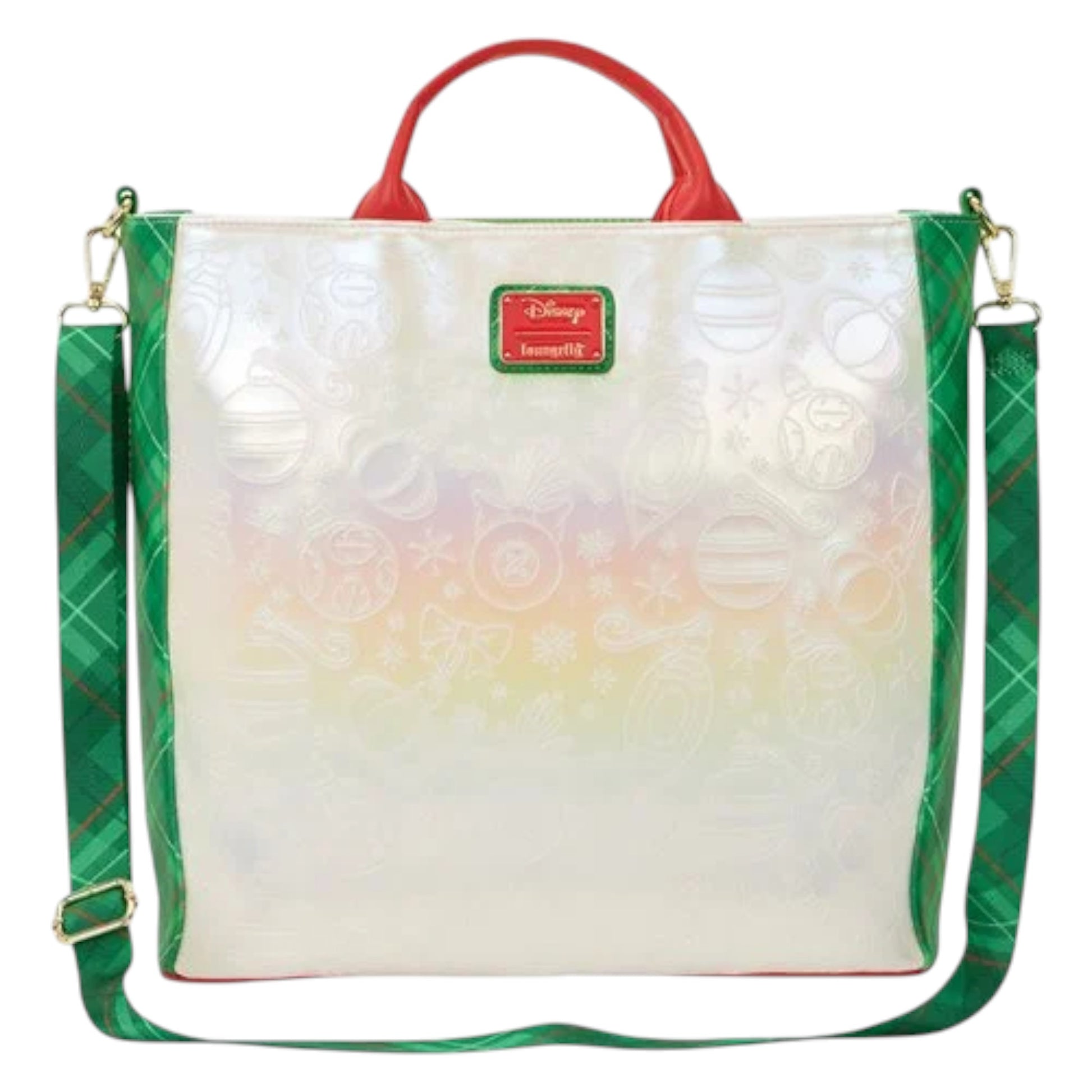 Lilo and Stitch Holiday Tote Handbag with green strap and red handle, featuring a Disney logo on a white background