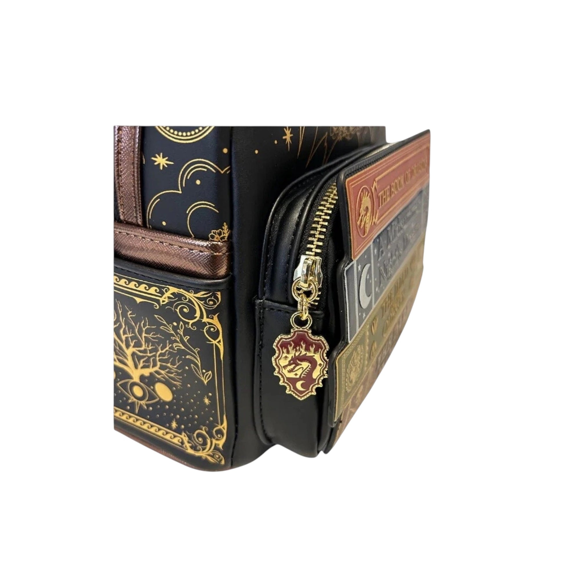 Literature Fantasy Books bag with book design and gold accents on a white background