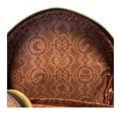 Close-up of a brown patterned bag with visible celestial and dragon stitching