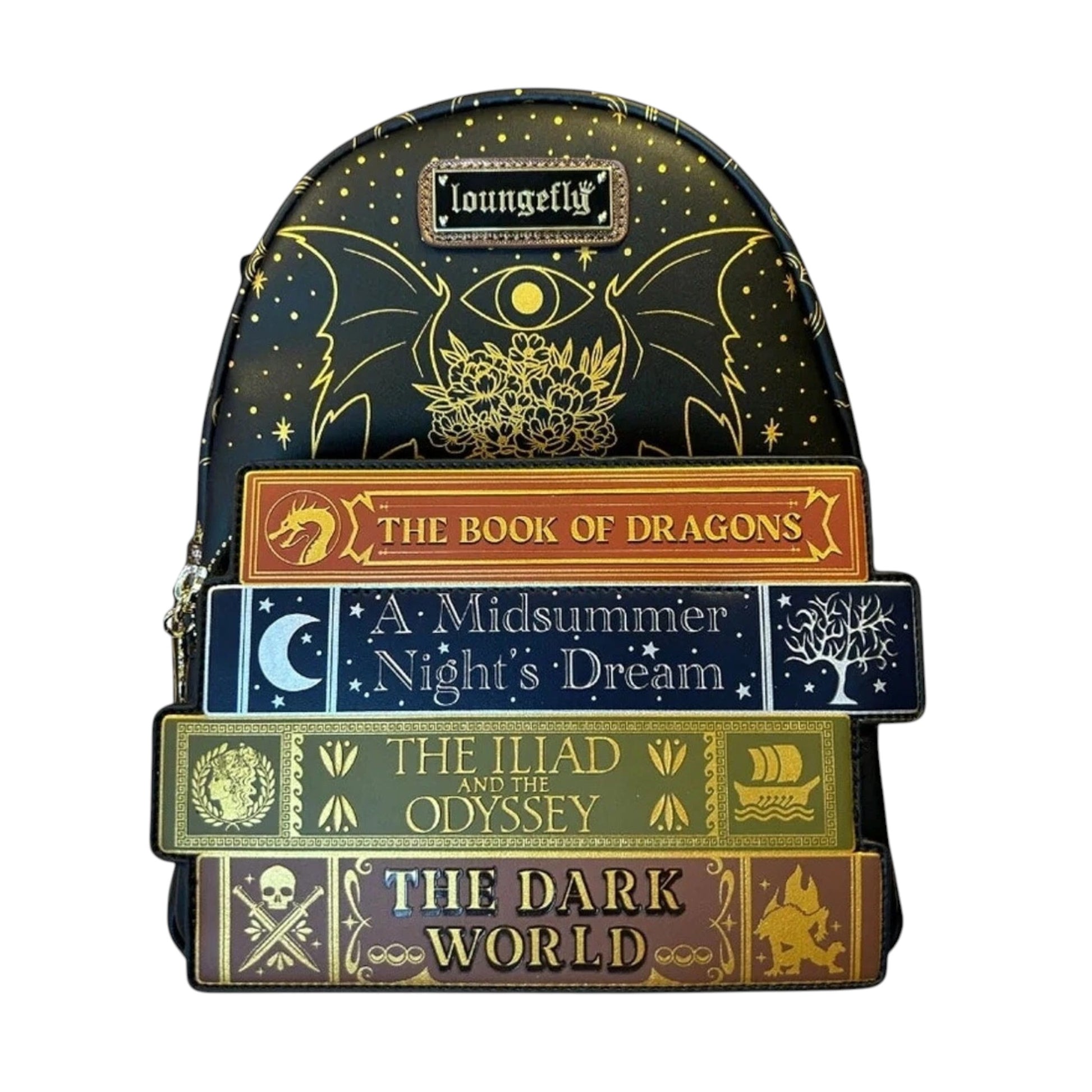 Literature Fantasy Books Backpack with book design and 'Loungefly' branding on a white background