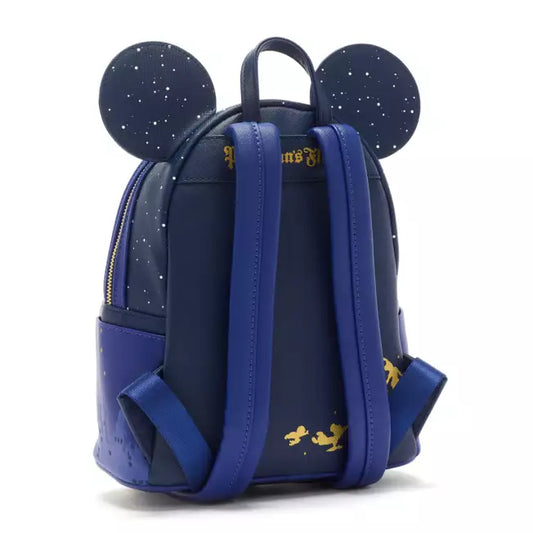 Navy blue backpack with Mickey Mouse ears and gold accents on a white background