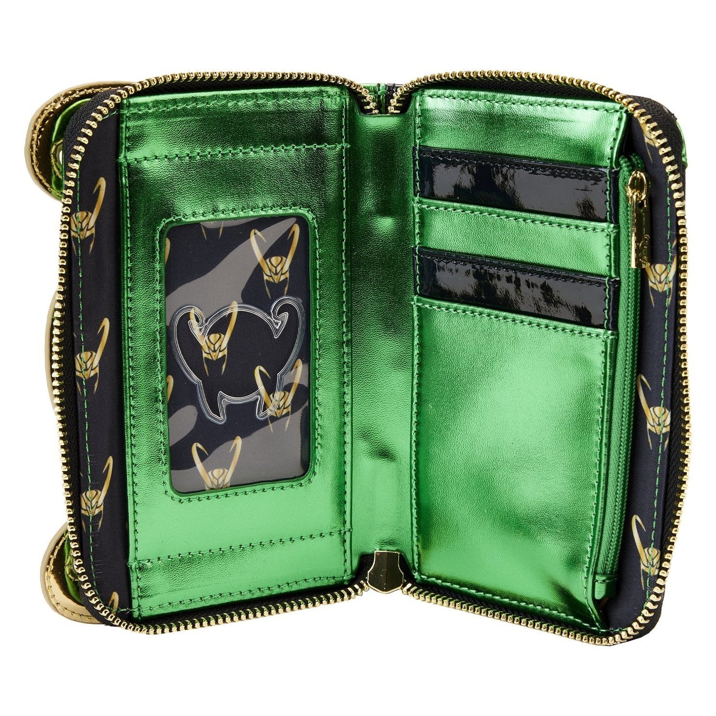 Green wallet with gold Loki helmet design accents and black interior on a white background