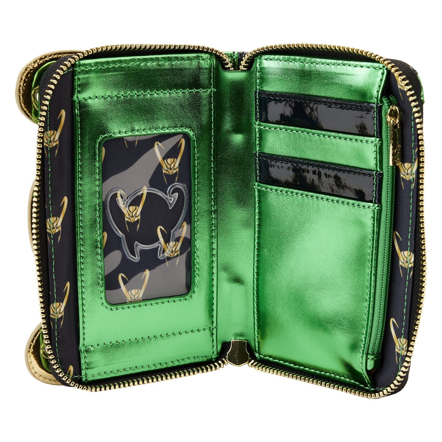 Green wallet with gold Loki helmet design accents and black interior on a white background