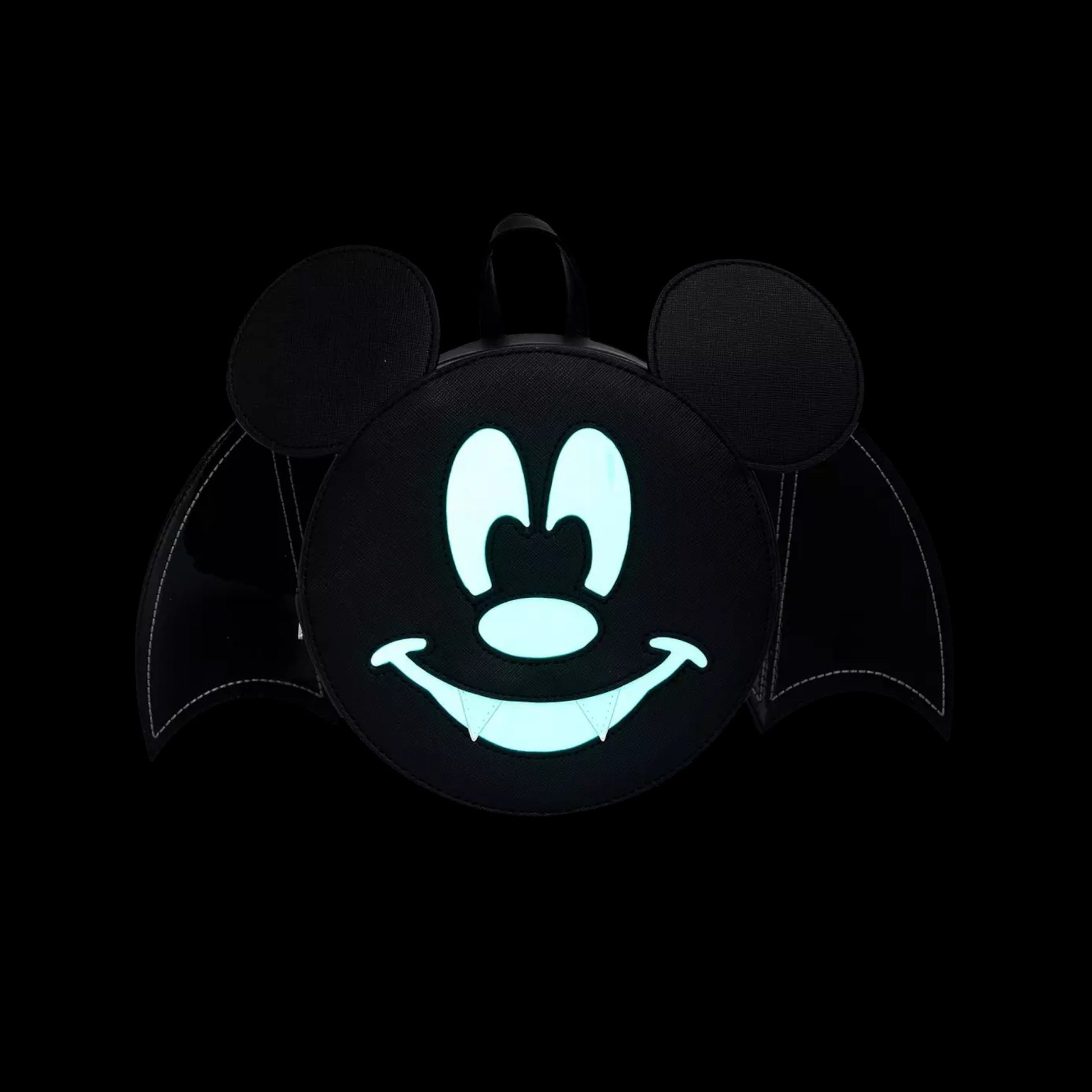 Glowing Mickey Mouse Mickey Bat backpack design on a black background