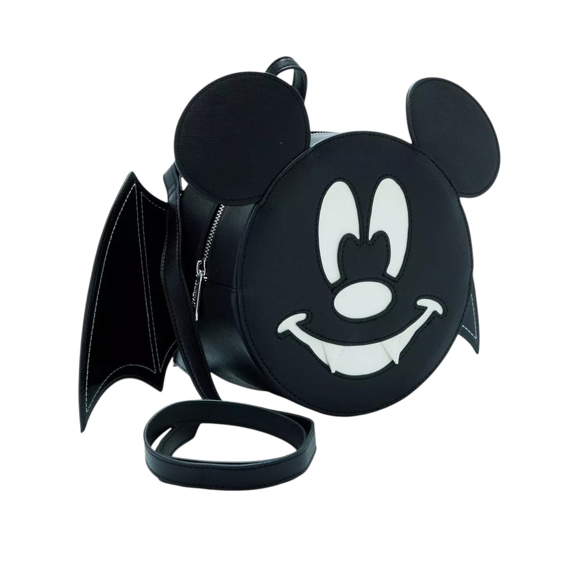 Black backpack with a Mickey Bat  face design on a white background