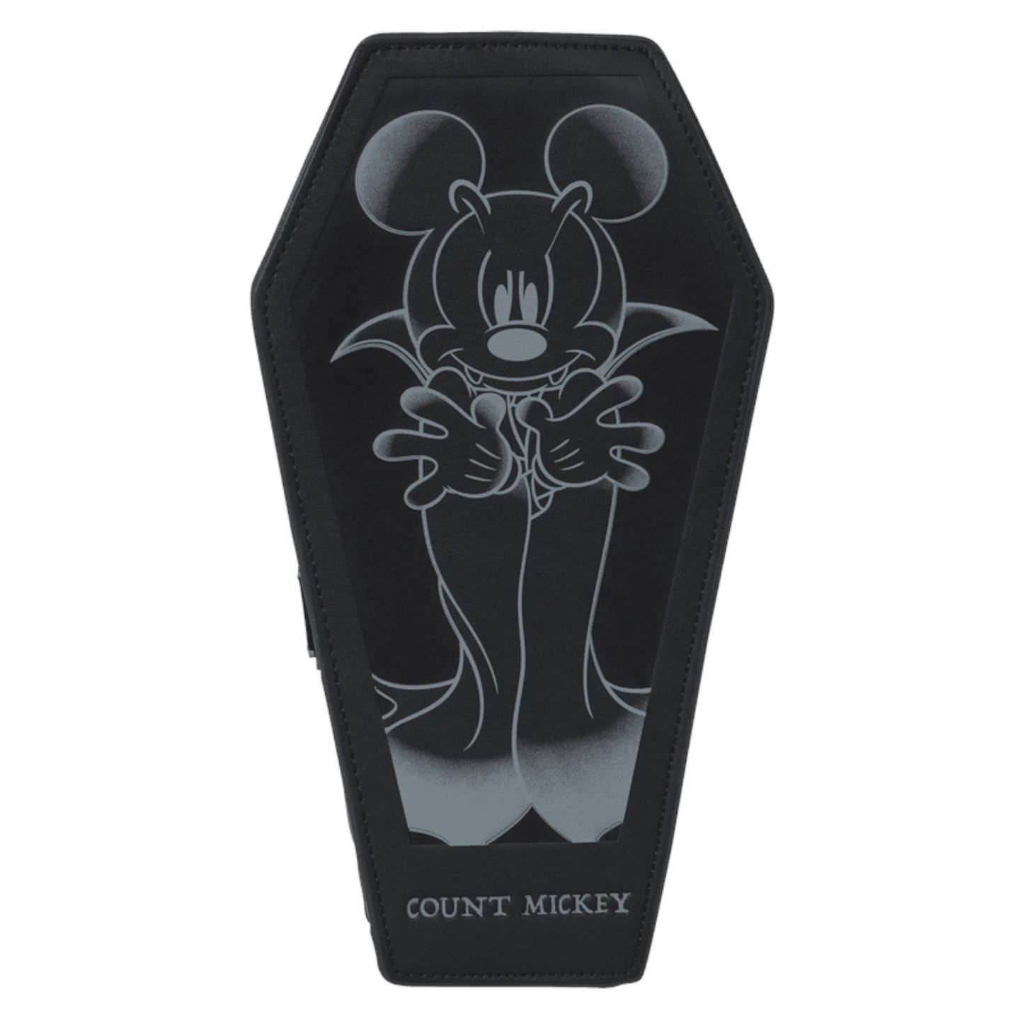 Mickey Mouse Coffin-shaped bag with a graphic of a mickey character and 'COUNT MICKEY' text on a white background.