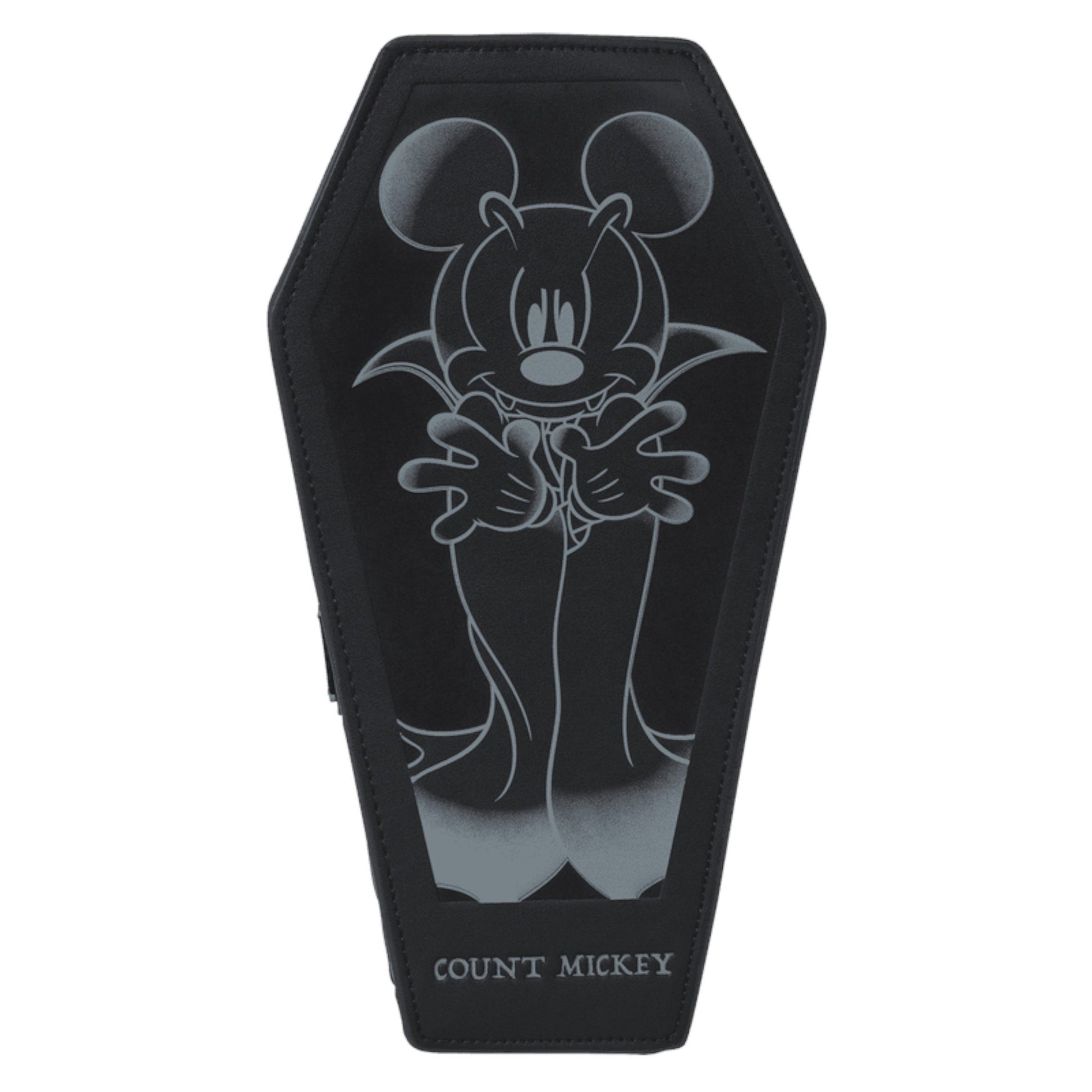 Mickey Mouse Coffin-shaped bag with a graphic of a mickey character and 'COUNT MICKEY' text on a white background.