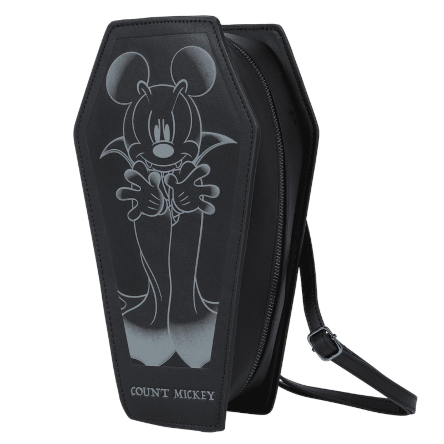 Black Mickey Mouse Coffinco shaped bag with 'Count Mickey' design on a white background