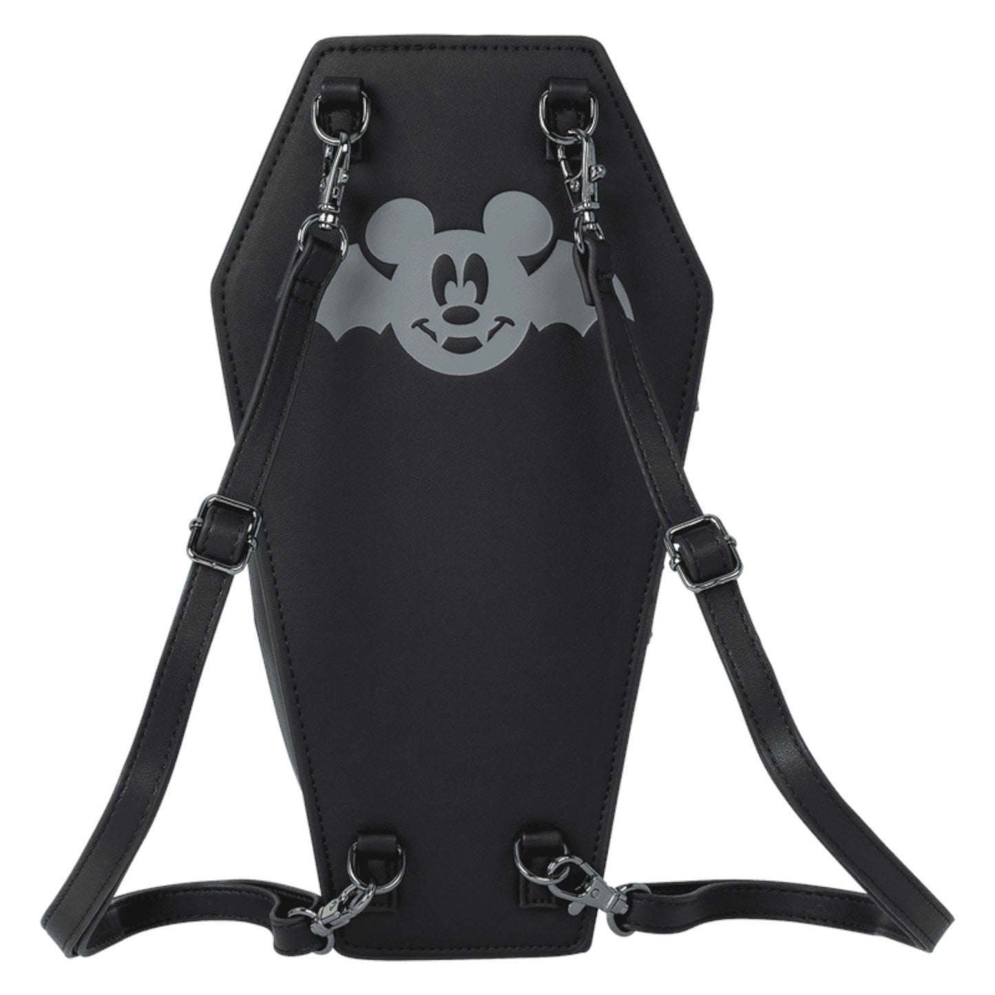 Black backpack with a gray Mickey Mouse logo on a white background