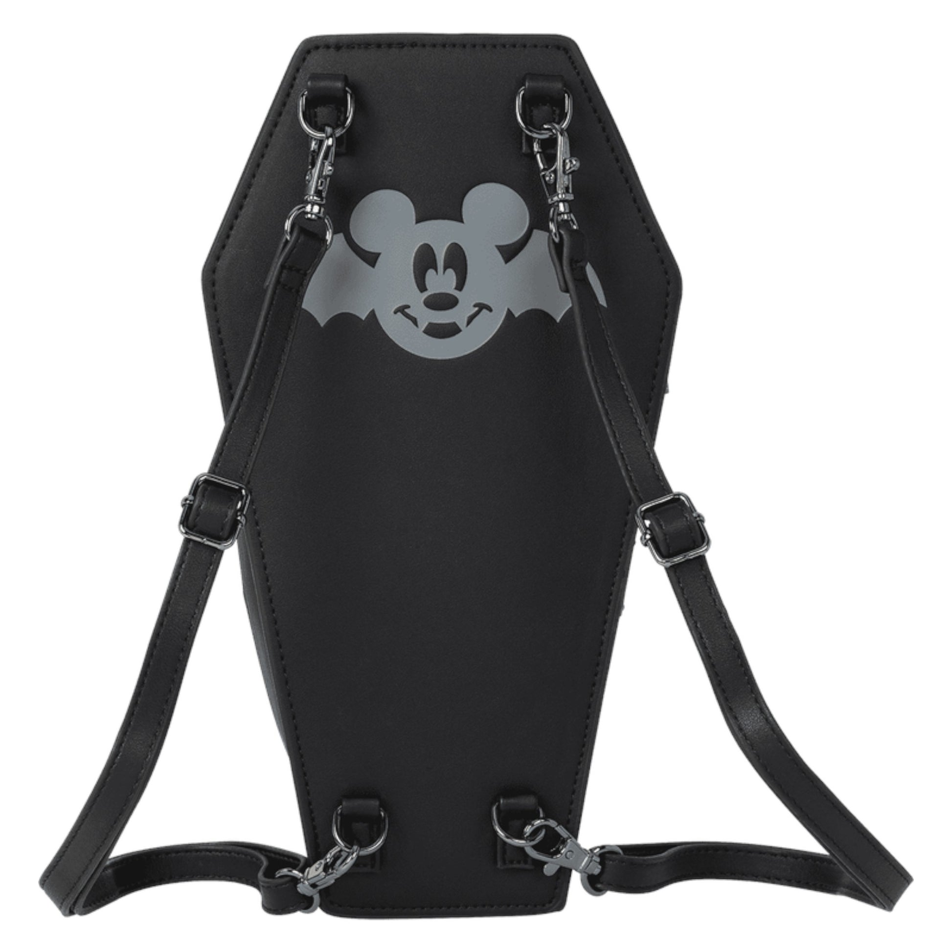 Black backpack with a gray Mickey Mouse logo on a white background