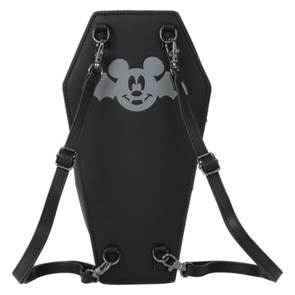 Black backpack with a gray Mickey Mouse logo on a white background