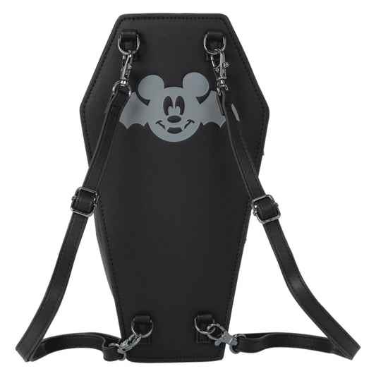 Black backpack with a gray Mickey Mouse logo on a white background