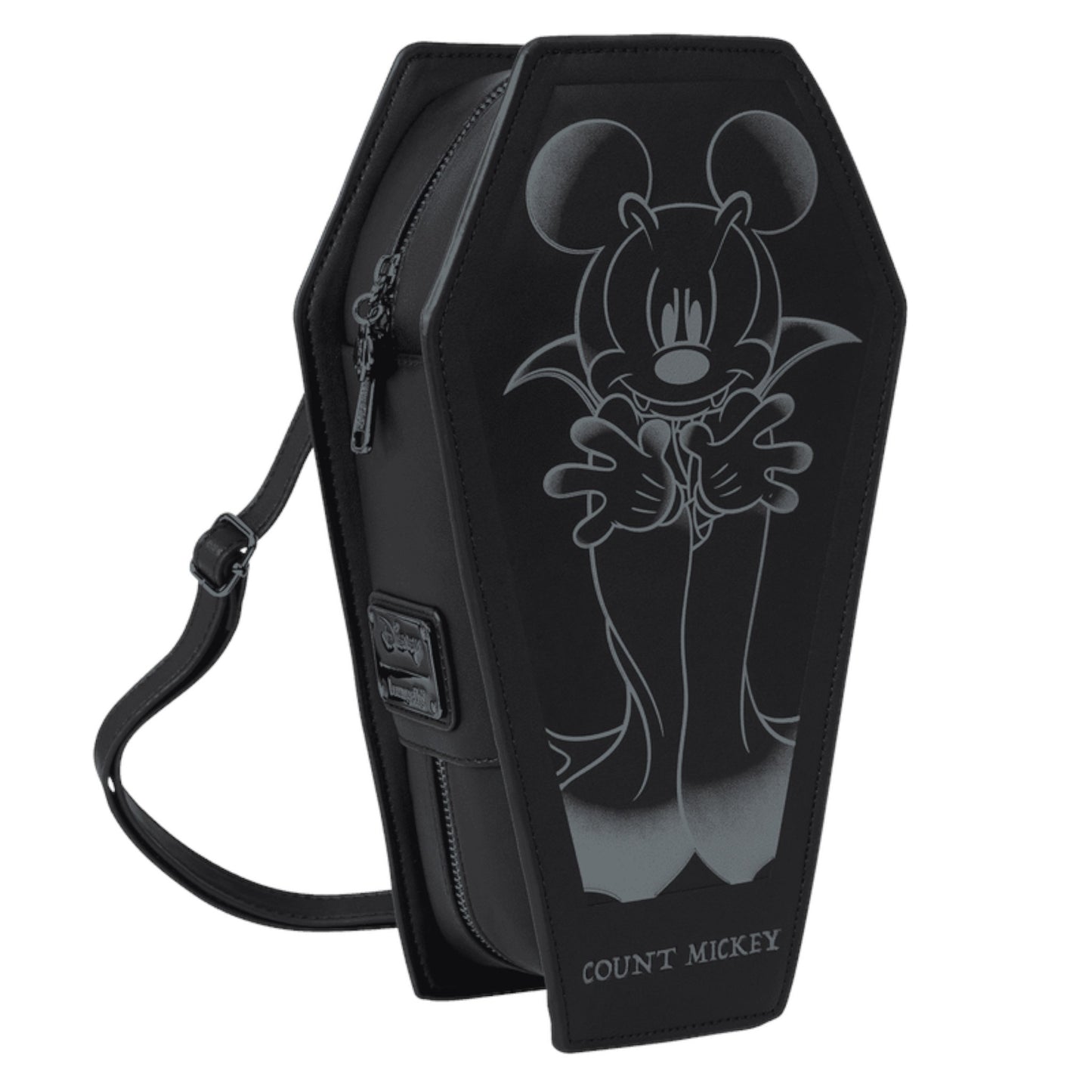 Black Mickey Mouse Coffin-shaped bag with a design of mickey character on a white background
