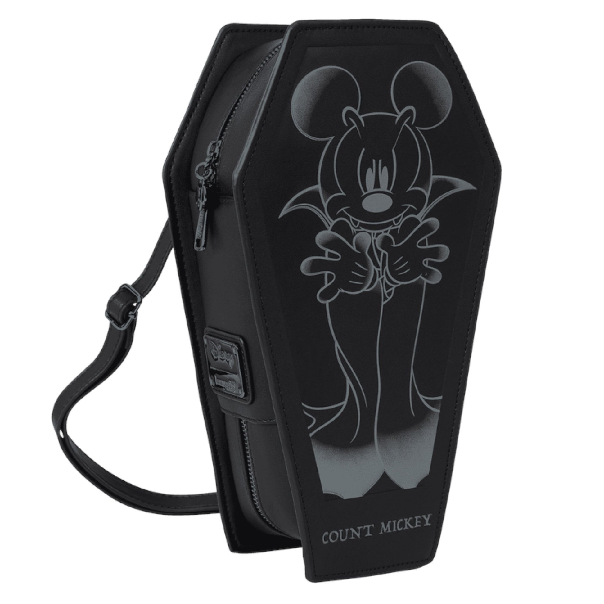Black Mickey Mouse Coffin-shaped bag with a design of mickey character on a white background