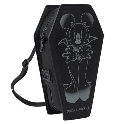 Black Mickey Mouse Coffin-shaped bag with a design of mickey character on a white background