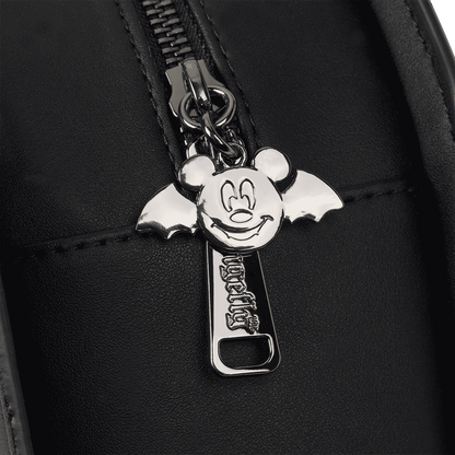 Metallic keychain with mickey bat design and Loungefly text attached to a black bag.