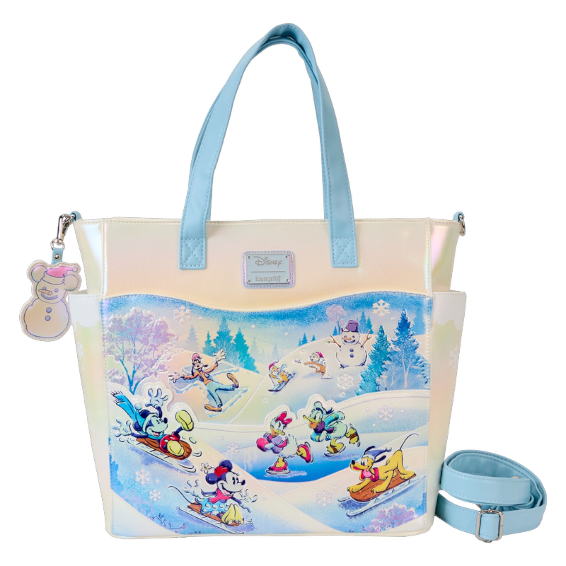 Tote bag with Mickey & Friends Winter Wonderland characters on a winter scene design, featuring a blue strap and a tag.
