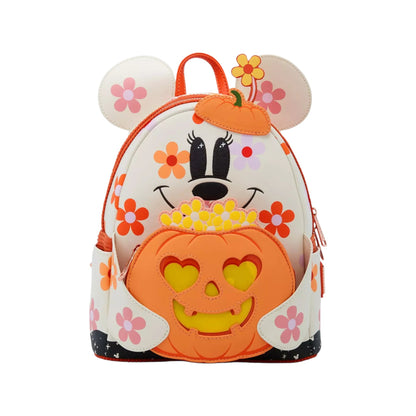Mouse Floral Ghost backpack with a pumpkin design and floral elements on a white background