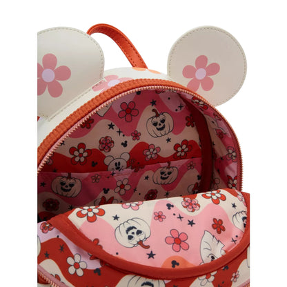 backpack with floral and Mouse Floral Ghost character and pumpkin pattern on a white background