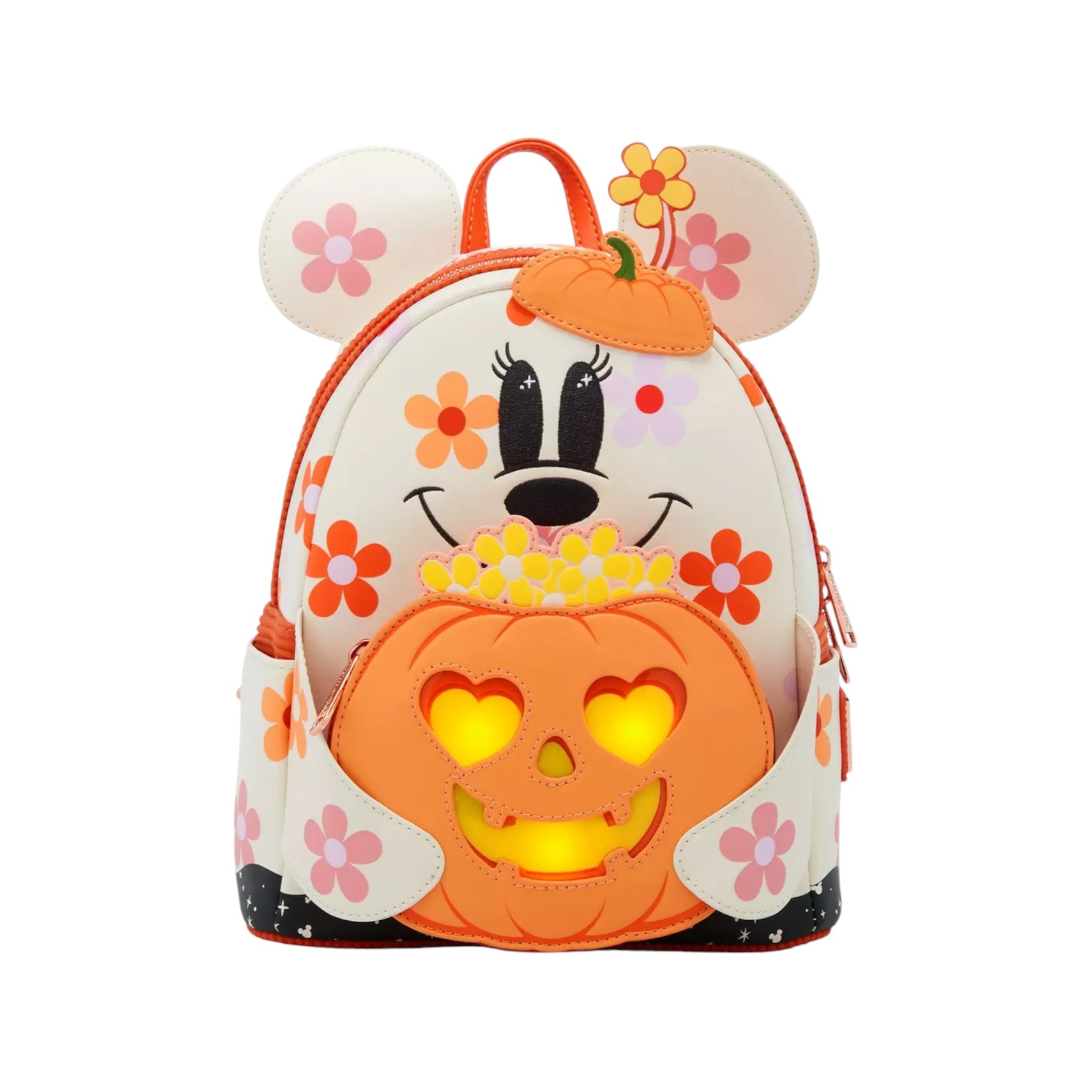 Backpack designed like Mouse Floral Ghost character with pumpkin face and flowers on a white background