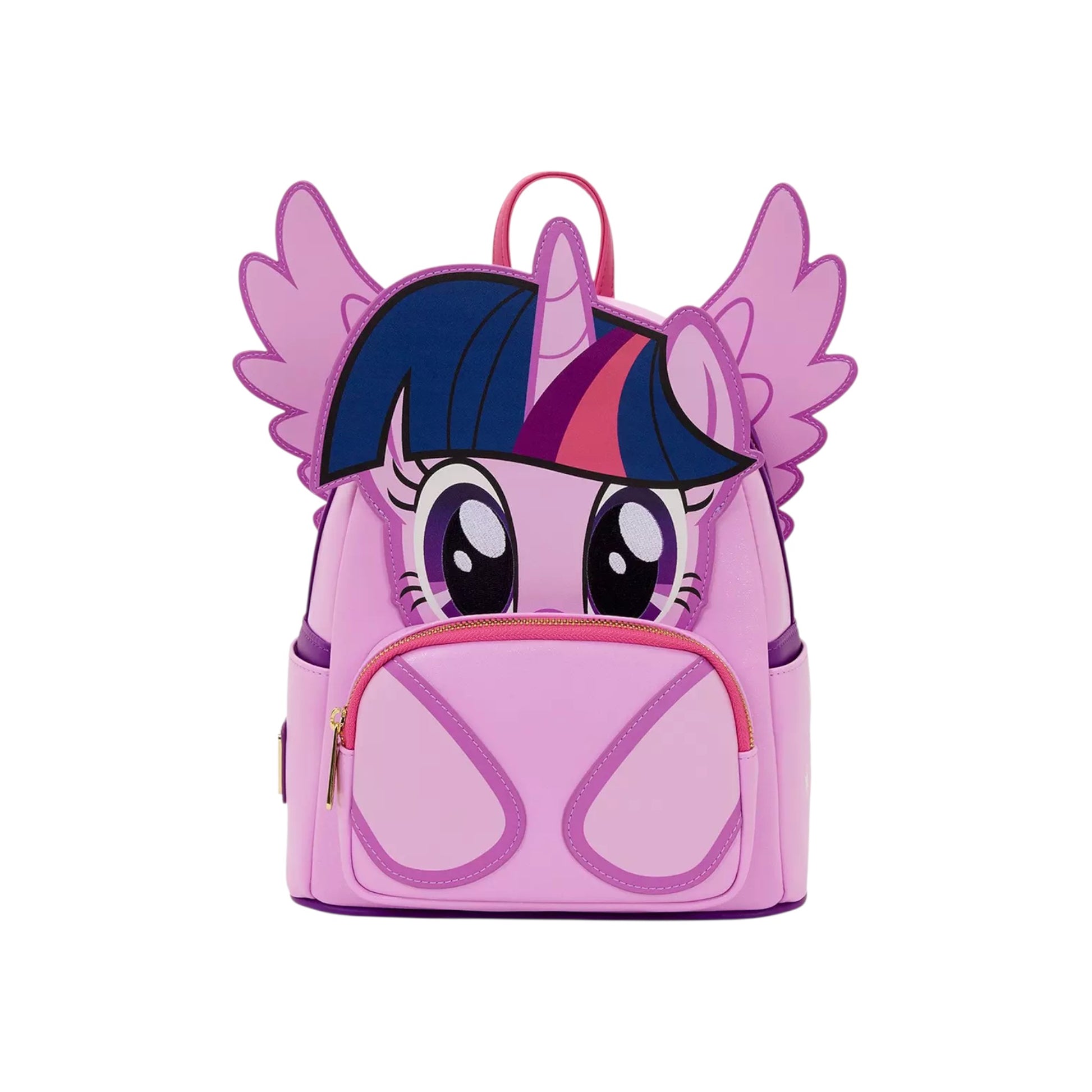 Loungefly My Little Pony Twilight Sparkle Cosplay Mini Backpack with wings up and Twinkle Sparkle face design on a white background