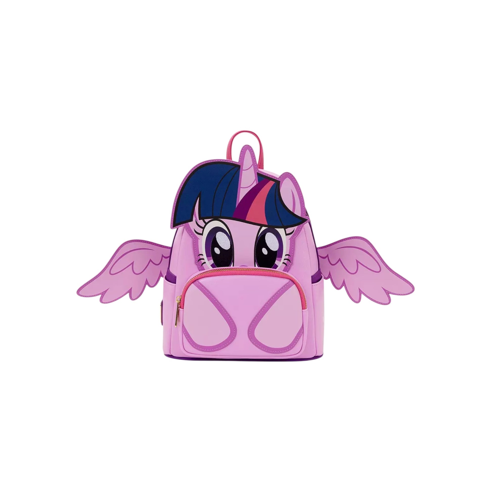 Loungefly My Little Pony Twilight Sparkle Cosplay Mini Backpack with wings out to the side and Twinkle Sparkle face design on a white background