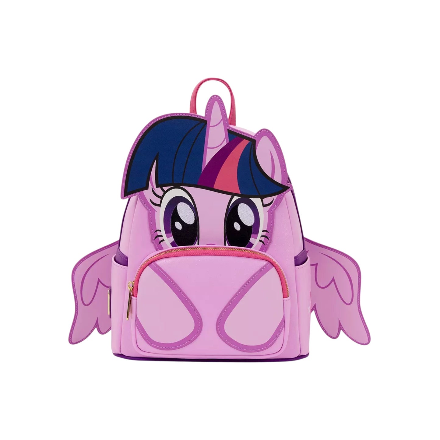 Loungefly My Little Pony Twilight Sparkle Cosplay Mini Backpack with wings down and Twinkle Sparkle face design on a white background