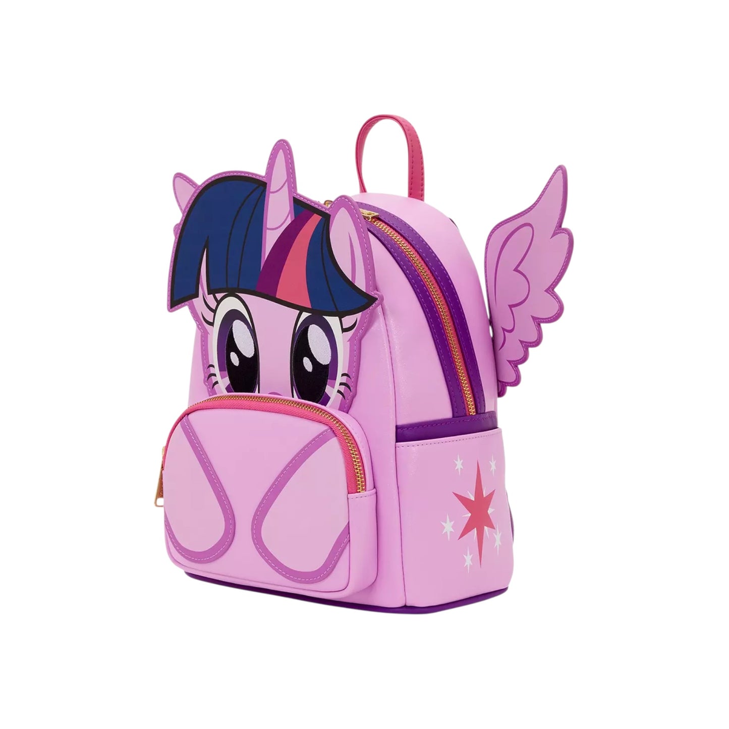 Loungefly My Little Pony Twilight Sparkle Cosplay Mini Backpack with wings up and Twinkle Sparkle face design on a white background