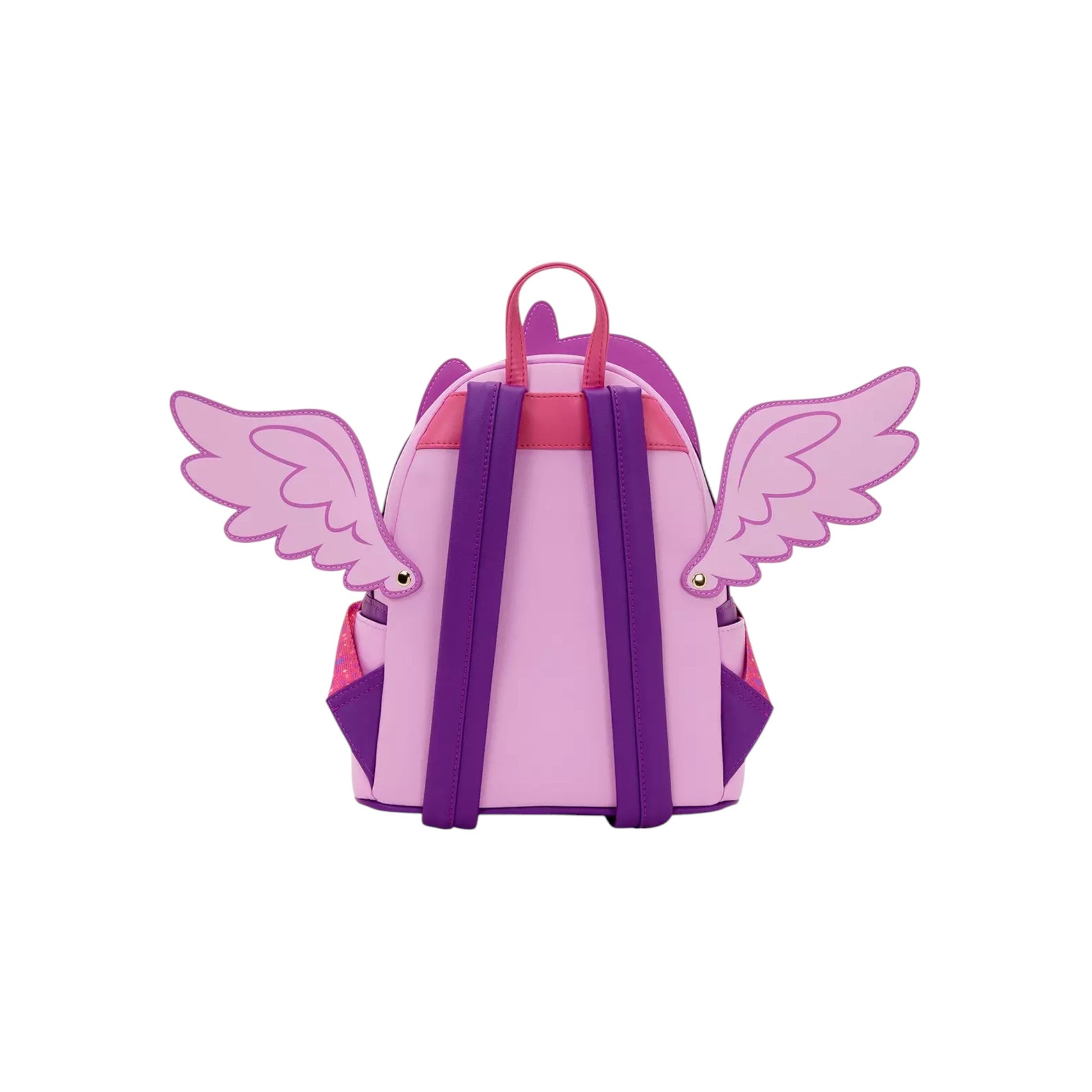 Back of Loungefly My Little Pony Twilight Sparkle Cosplay Mini Backpack with wings up and purple straps on a white background