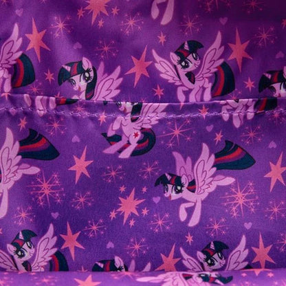 Close-up of inside of Loungefly My Little Pony Twilight Sparkle Cosplay Mini Backpack with Twinkle Sparkle face design character pattern 