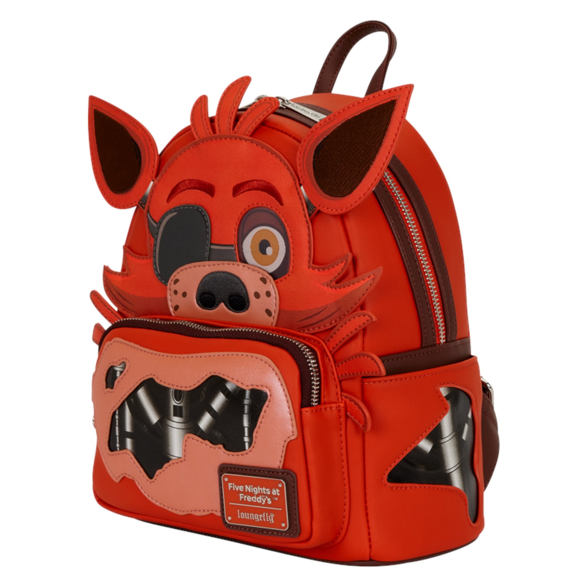 Red Five Nights At Freddy's Foxy backpack and 'Five Nights at Freddy's' branding on a white background