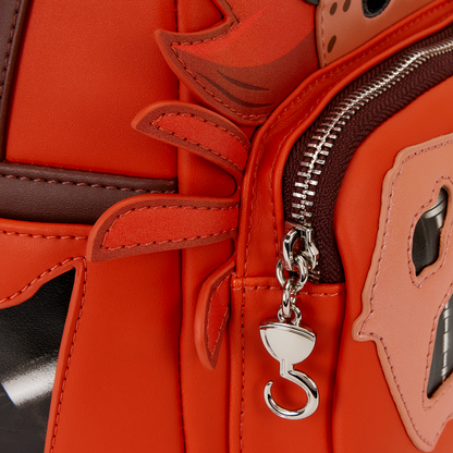 Close-up of a red Five Nights At Freddy's Foxy bag with decorative elements and a silver zipper pull.