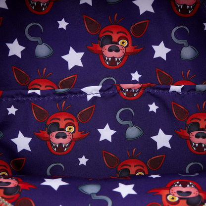 Patterned fabric with Foxy character faces and stars on a dark blue background