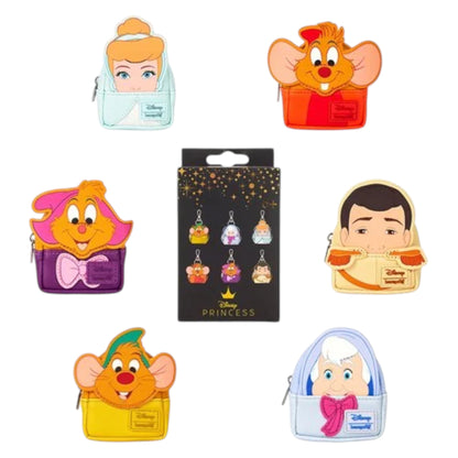 Set of Loungefly Cinderella 75th Anniversary Mystery Mini Backpack Bag Charm with Disney Princess character charms on a white background
