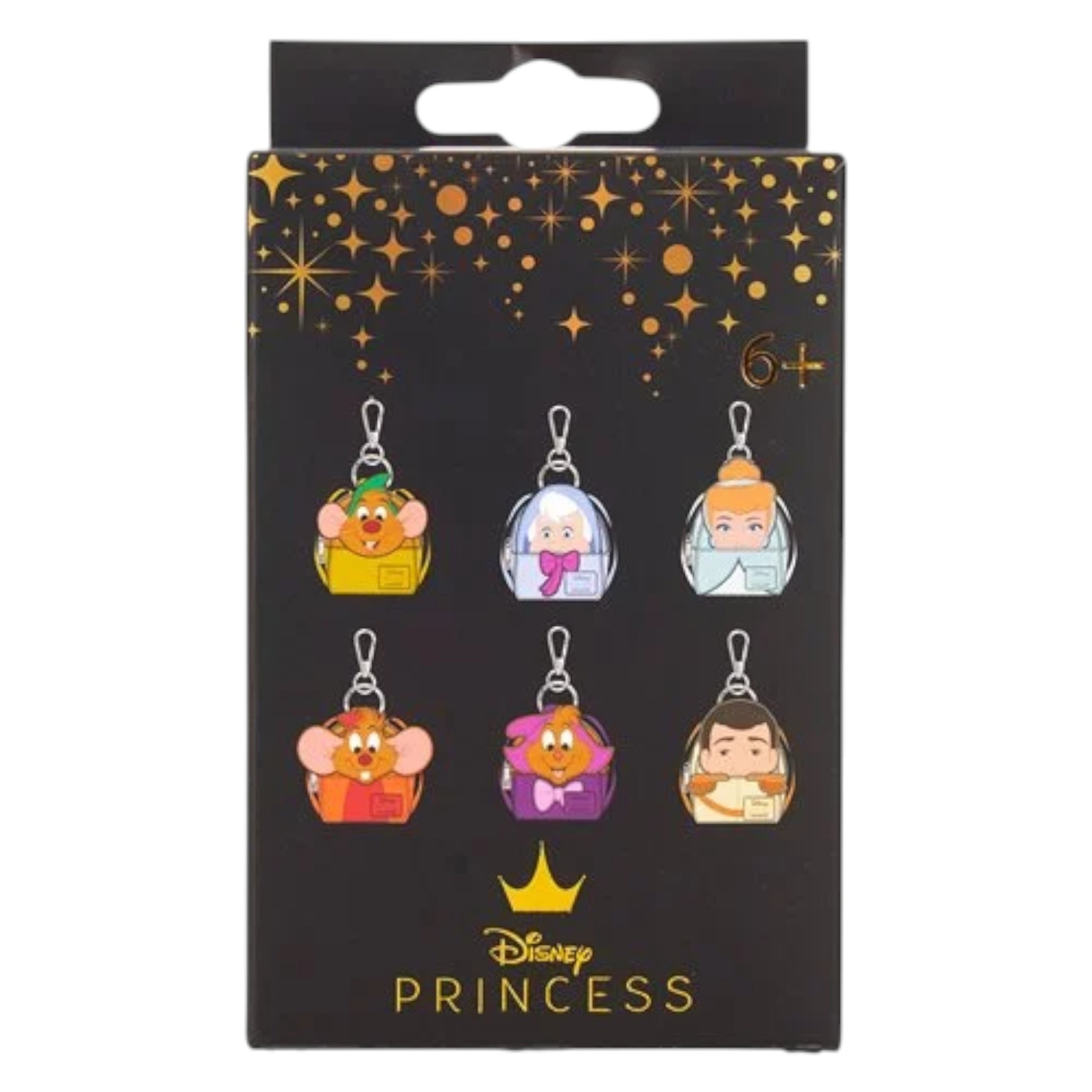Set of Loungefly Cinderella 75th Anniversary Mystery Mini Backpack Bag Charm with Disney Princess character charms on a branded packaging with 'Disney Princess' logo.