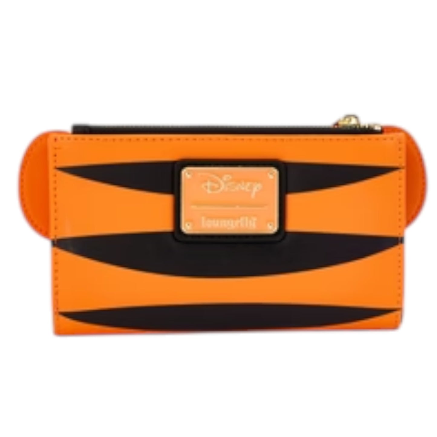 Back of Loungefly Disney Winnie the Pooh Tigger Cosplay Flap Wallet with visible brand Disney Loungefly logo and black stripes on a white background