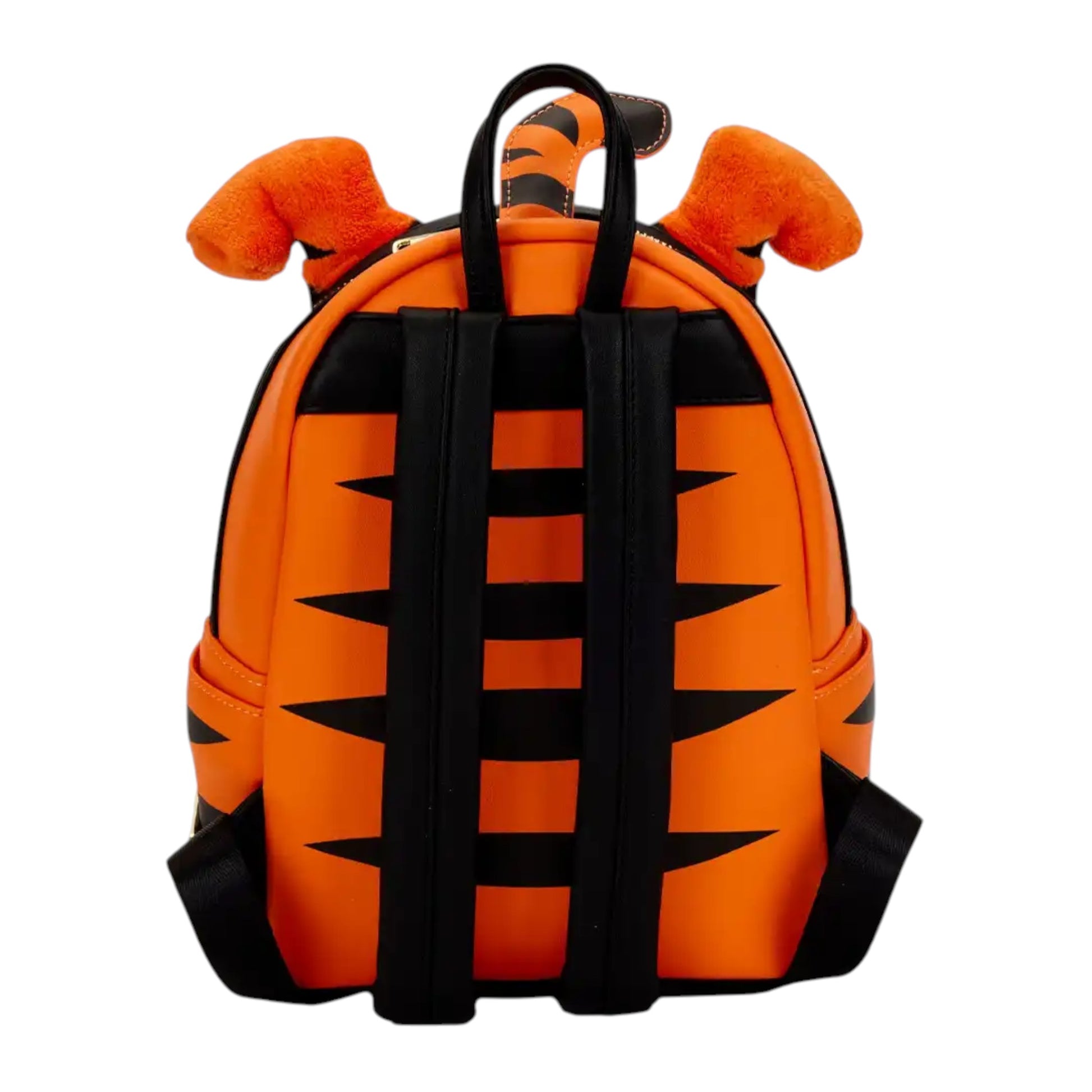 Back of Loungefly Disney Winnie the Pooh Tigger Cosplay Mini Backpack in Upside down pose with black straps on a white background